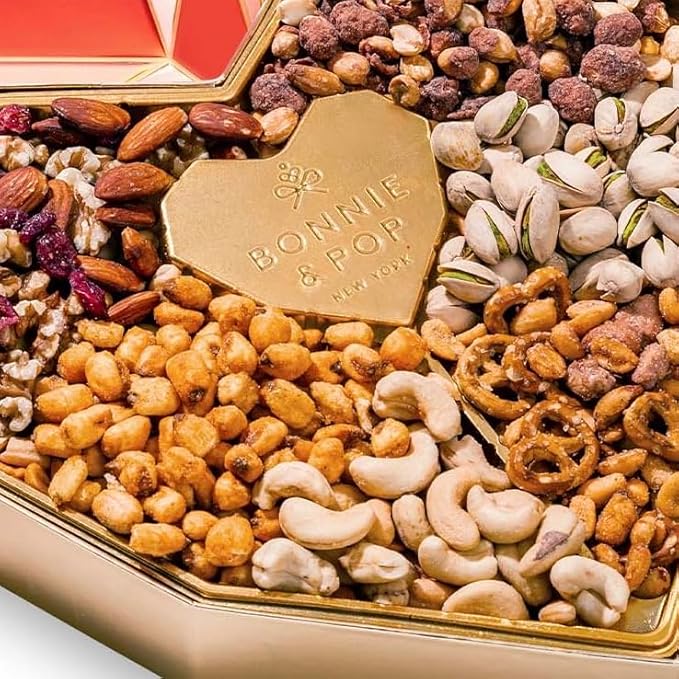 Valentine's Day Gift Basket, Heart Box with Gourmet Nuts Assortment, Premium Mixed Nuts Variety Pack for Wife, Girlfried, Mom, Women, Girl, Spouse- Bonnie and Pop