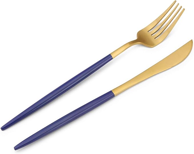 Matte Gold Silverware Set with blue handle, Bysta 5-Piece Stainless Steel Flatware Set, Kitchen Utensil Set Service for 1, Tableware Cutlery Set for Home and Restaurant, Satin Finish, Dishwasher Safe
