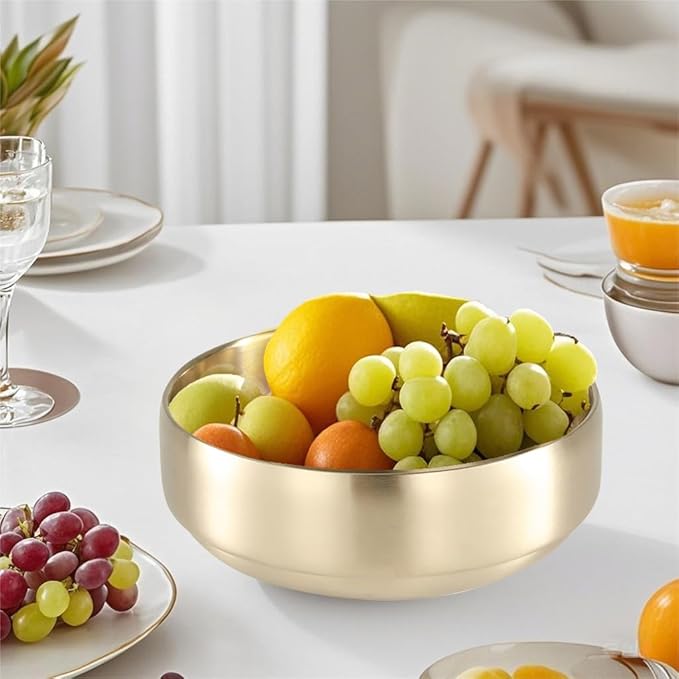 SANQIAHOME 47oz/8.3" Quality Stainless Steel Salad Bowl 2pcs/set – Double-walled Anti-scald, Dishwasher Safe, Large Serving Bowl for Family & Parties Golden, large-capacity soup bowl