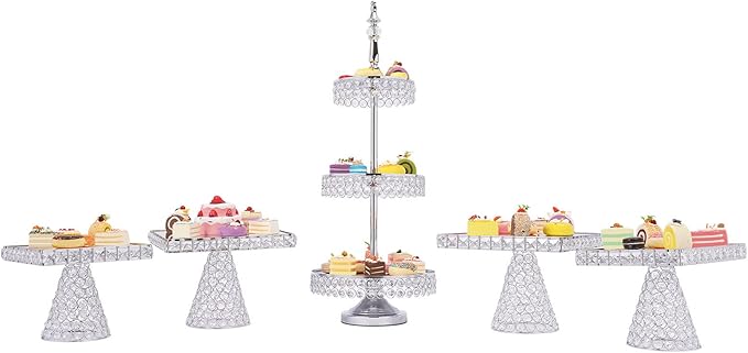5 Pcs Silver Cake Stand Set, Acrylic Mirror Surface Vintage Cake Stand, Dessert Tower Plate Holder Decor Serving Platter Crystal Cakes Stands Wedding, Party, Baby Shower