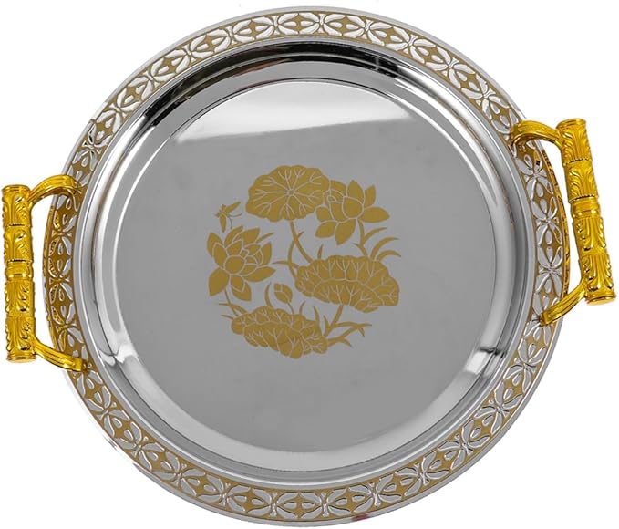 European Style Fruit Serving Tray Gold Patterned Round Appetizer Plate Sturdy Plastic and Stainless Fruit Holder for Home Buffet Party