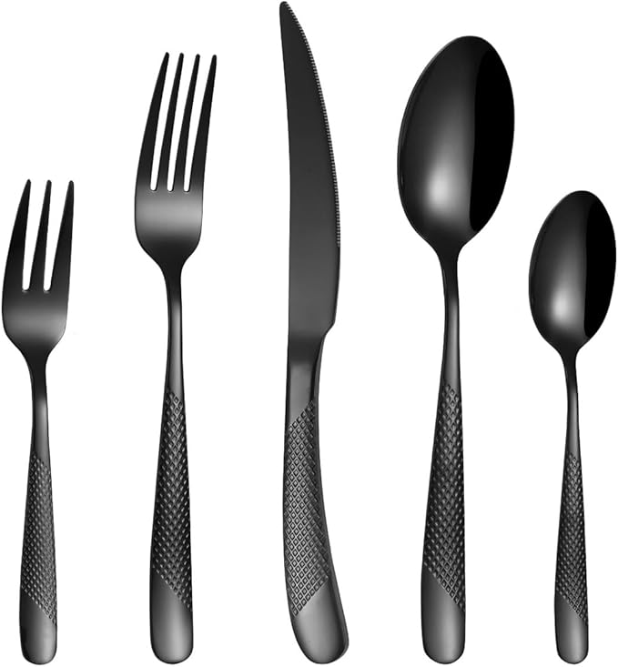 diamond hammered silverware set, 30-piece cutlery set for 6 people, Checkered Handle Stainless Steel Flatware serving set - Cutlery Set For Home Kitchen