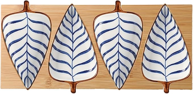 Sauce Dish Japanese Style Leaf Shape Ceramic Sauce Dishes 3.35 Inch Condiments Dish Dipping Plates Soy Sauce Vinegar Appetizer Dishes or Seasoning（with Tray） Dipping Bowls (A)