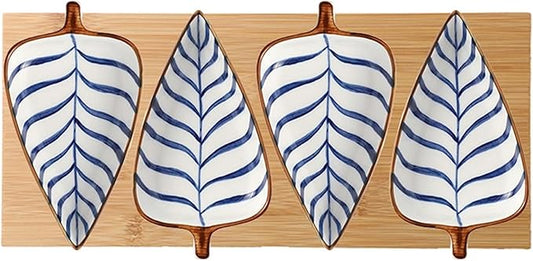 Sauce Dish Japanese Style Leaf Shape Ceramic Sauce Dishes 3.35 Inch Condiments Dish Dipping Plates Soy Sauce Vinegar Appetizer Dishes or Seasoning（with Tray） Dipping Bowls (A)