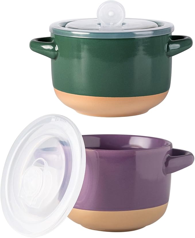 AmorArc 24 Ounces Soup Bowls with Large Handles and Lids, Stoneware Bowls Set of 2 for Soup, Cereal, Stew, Noodle, Colourful Ceramic Kitchen Bowls, Microwave&Dishwasher Safe, Green&Purple