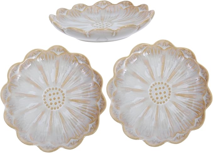 IMIKEYA Classic Vintage Ceramic Plate 3-Piece Set for Dipping Sauce Mustard Soy Sunflower Motif in White