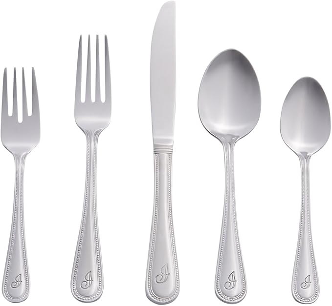 RiverRidge Monogrammed Beaded Flatware Set - I - 46-Piece Silverware with Custom Letter Stamp, 18/0 Stainless Steel Utensils Set for Daily Use & Special Occasions - Dishwasher Safe, Versatile Design