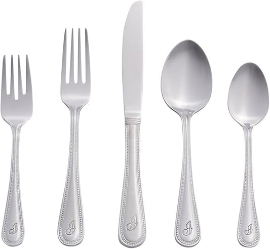 RiverRidge Monogrammed Beaded Flatware Set - I - 46-Piece Silverware with Custom Letter Stamp, 18/0 Stainless Steel Utensils Set for Daily Use & Special Occasions - Dishwasher Safe, Versatile Design
