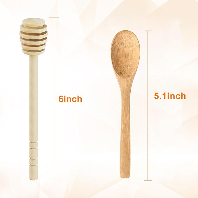 8 Pack Honey Sticks Dipper Set, 6 Inch Honeycomb Stirrer 4 Pcs with Bamboo Honey Spoons 4 Pcs, Mini Wooden Wand for Dispense Jar Drizzle and Wedding Party Decor Favors Gift