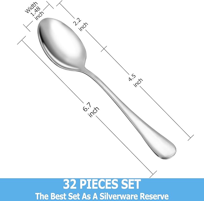 32 Pcs Teaspoons Set, Food Grade Stainless Steel Tea Spoons, Durable Small Spoons, Metal Dessert Spoon, Spoon Silverware for Home, Kitchen or Restaurant, Mirror Polished & Dishwasher Safe, 6.7-Inch