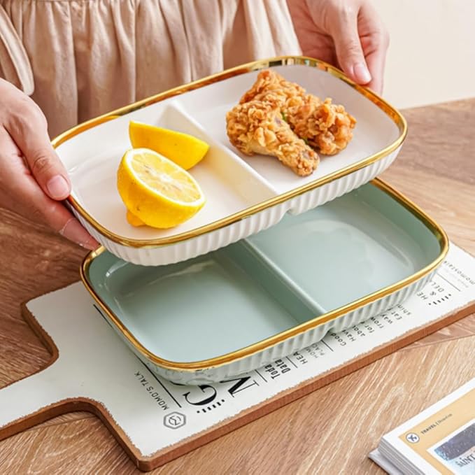 Porcelain Healthy Eating Plate, Ceramic 2 Compartment Divided Plates, Portion Control Plates for Adults Weight Loss, Length: 23.8cm/9.37 inch