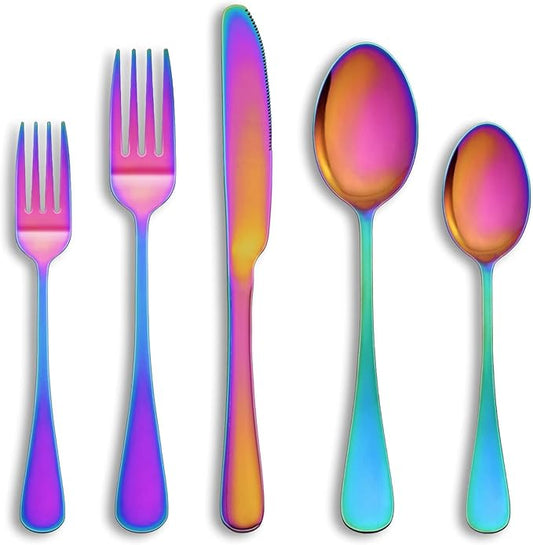 20 Pcs Rainbow Silverware Set Service for 4,Stainless Steel Flatware Serving Sets,Kitchen Tableware Set,Utensil Set for Home and Restaurant,Knives Forks Spoons Set,Mirror Polished,Dishwasher Safe