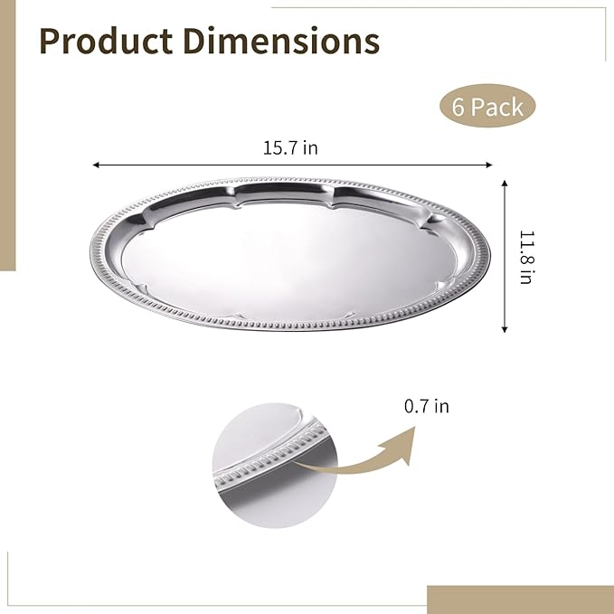6 Pcs Large Silver Serving Trays, Stainless Steel Floral Engraved Trays for Parties, 15.7X11.8 in, Mirror-Polished, Food-Safe