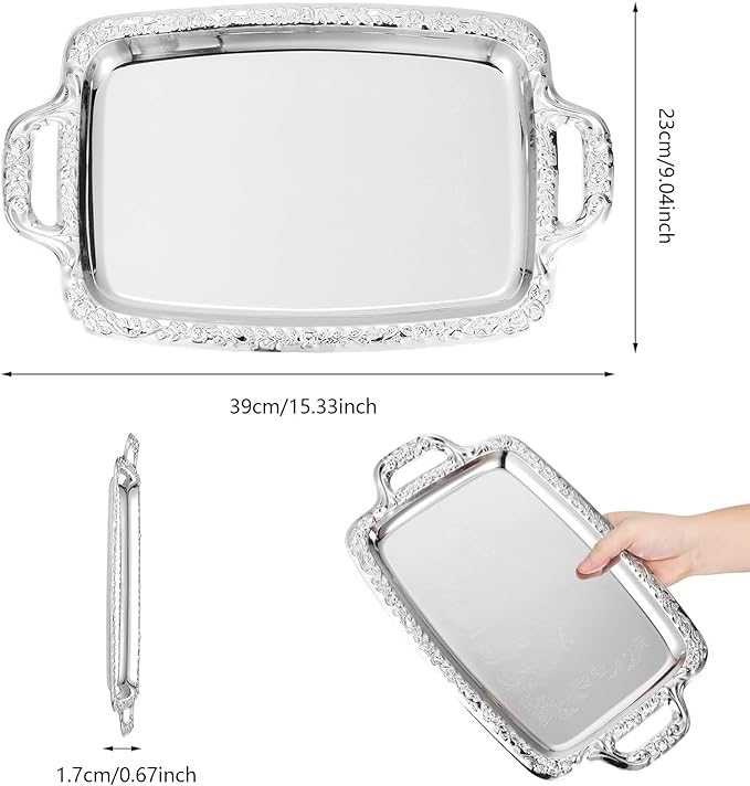 Metal Food Tray, Elegant Design, 39x23x1.7cm, Silver Serving Tray, Rectangle Serving Platter, Large Capacity, for Candy Bread Cake Charcuterie Dessert Fruit Party