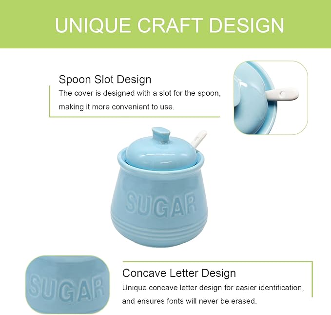 Sugar Bowl with Lid and Spoon, Ceramic Sugar Containers for Countertop, Coffee Bar Accessories for Kitchen 12oz