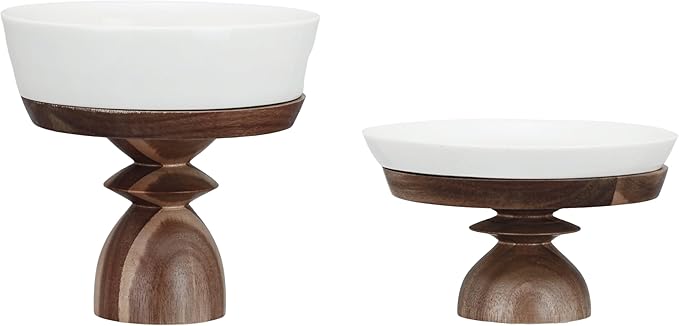 Bloomingville Acacia Wood-Enhanced Stoneware Serving Set, White and Natural, Set of 2