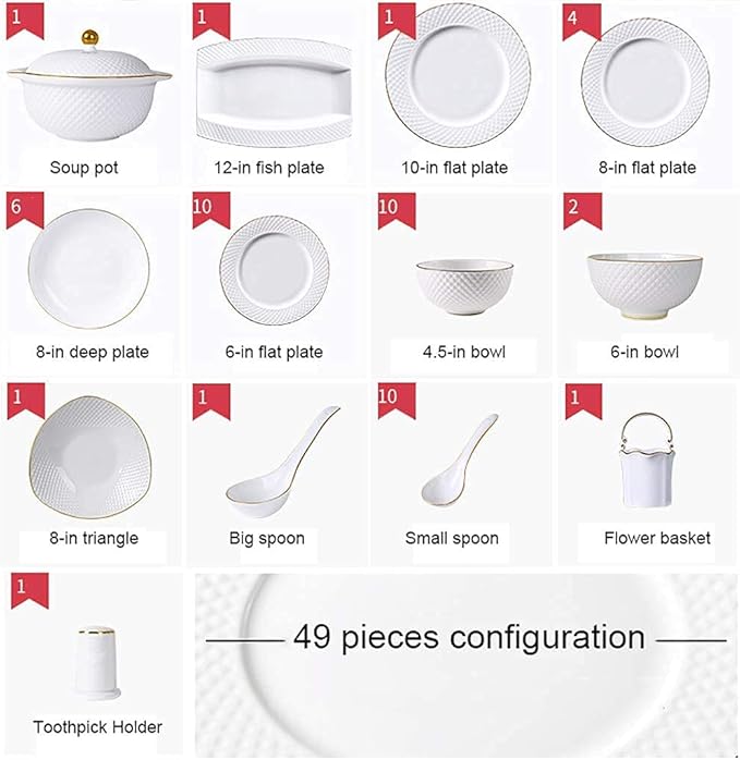 Ceramic Tableware Set, 49 Pieces Of White Embossed Porcelain, Suitable For Microwave Oven And Dishwasher, 45 Pieces Of Bone Meal Healthy Tableware