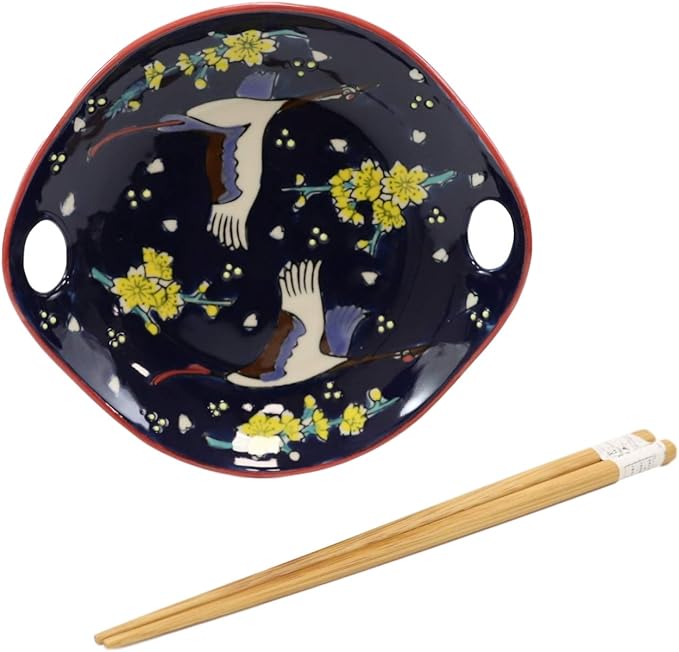 Ebros White Crane In Midnight Sky Appetizer Snack Serving Coupe Plate Dish With Chopsticks And Built In Rest Set Small Flat Bowl For Hors D'oeuvres Sushi Ice Cream Serveware Plates (2)