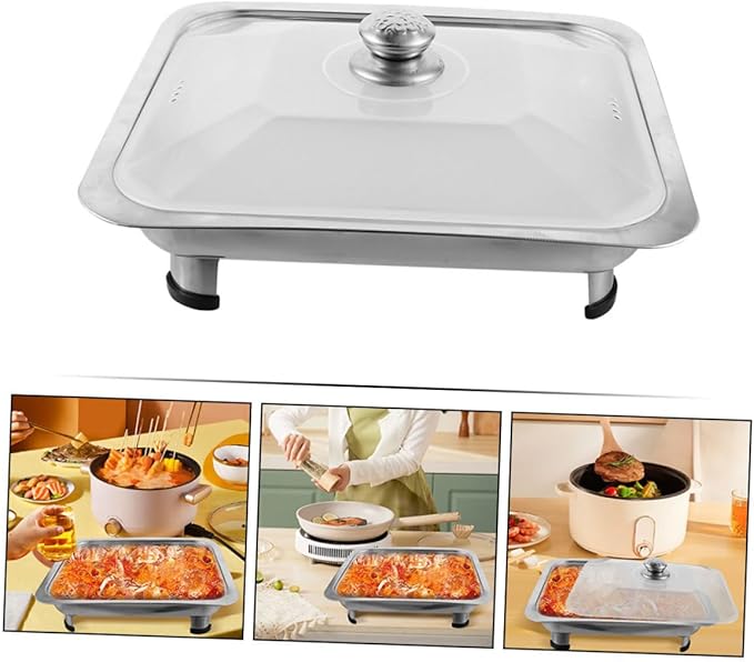 Veemoon Rectangular Stainless Steel Buffet Serving Tray with Lid Chafing Dish for Catering Food Holder and Roasting for Parties and Cafeterias