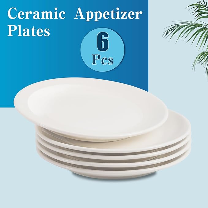 Ceramic Dessert Plates Set of 6,7 Inch White Appetizer Plates,Round Small Salad Plates Dinner Plates,Porcelain Dessert Plates for Snacks Cake,Microwave & Dishwasher Safe