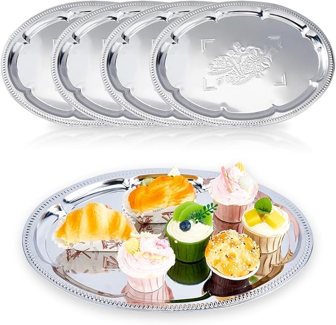 DICOSMETIC 5Pcs Large Silver Serving Trays Set 16x11.65x0.59 Inch Stainless Steel BBQ Grill Trays Oval Flower Engraved Tray Metal Serving Platter for Food Cookies Desserts Table Party Home