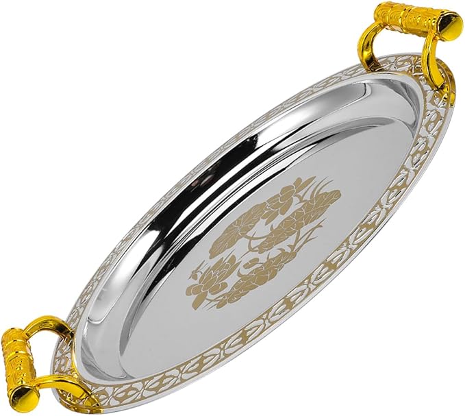 Elegant Round Gold Pattern Stainless Steel Serving Tray European Style Buffet Plate for Fruit Dessert Jewelry Storage and Home Decor