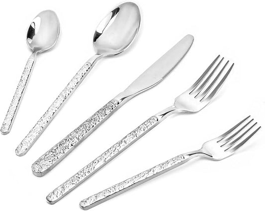30-Piece Silver Silverware Set, Hammered 18/10 Stainless Steel Flatware Set for 6, Food-Grade Cutlery Set, Tableware Set Including Fork Knife Spoon Set,Dishwasher Safe