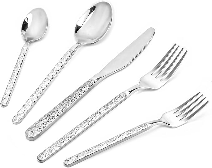 20-Piece Silverware Set, Silver Hammered Stainless Steel Flatware Set, Cutlery Set Service for 4, Kitchen Utensil Set, Tableware Set Including Fork Knife Spoon Set,Dishwasher Safe, FS202402