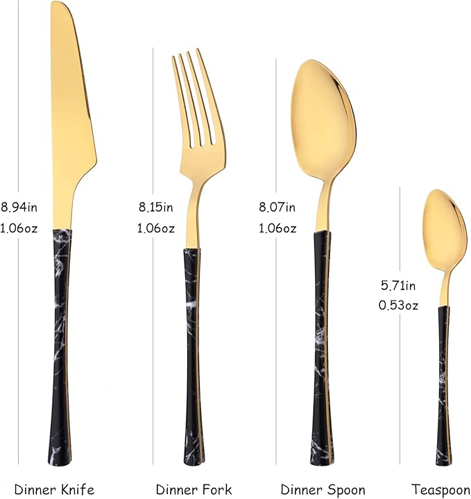 24PCS Silverware Set 18/0 Stainless Steel Flatware Set for 6 Includes 6 Dinner Knife/6 Dinner Fork/6 Dinner Spoon/6 Teaspoon Mirror Polished Cutlery for Home - Black Gold Eating Utensils