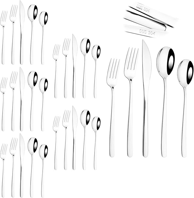 Knives and Forks Set Flatware Set Korean Silverware SUS304 Stainless Steel Kitchen Dinnerware Portable Utensils for Home, Camping Restaurant Christmas Gift - Shiny Silver