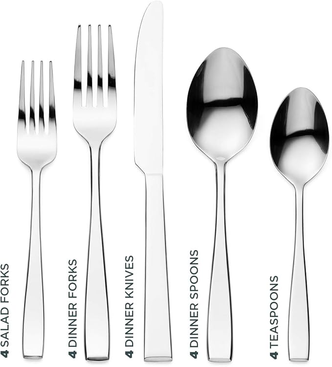 Godinger Silverware Set, Flatware Sets, Mirrored Stainless Steel Cutlery Set, Spoons Forks Knives, 20 Piece Set, Service for 4