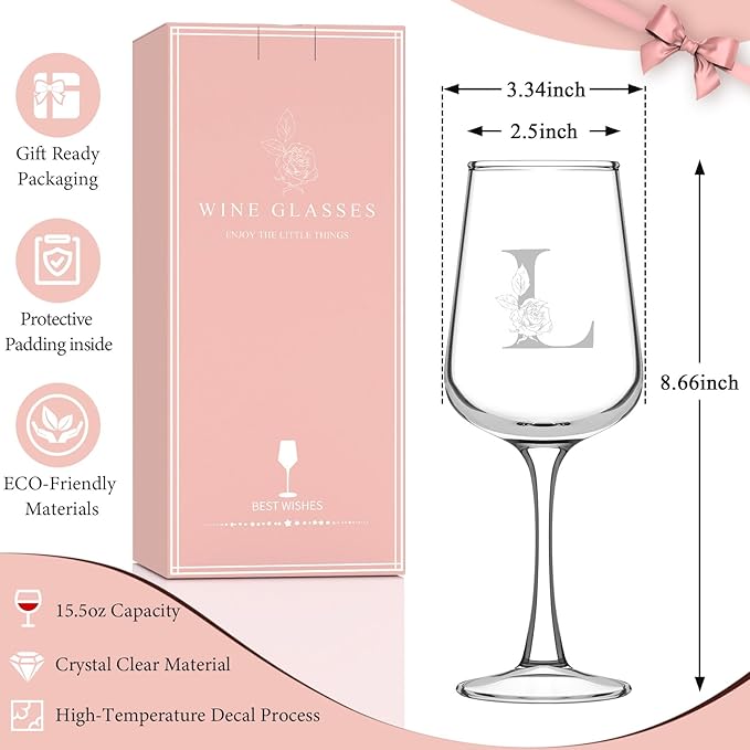 Personalized Wine Glass Gifts for Women - Monogrammed A-Z Wine Glasses Gift | Custom Christmas Gift, Valentines Day, Birthday Gifts for Women Her Mom Wife Best Friend Sister (L)