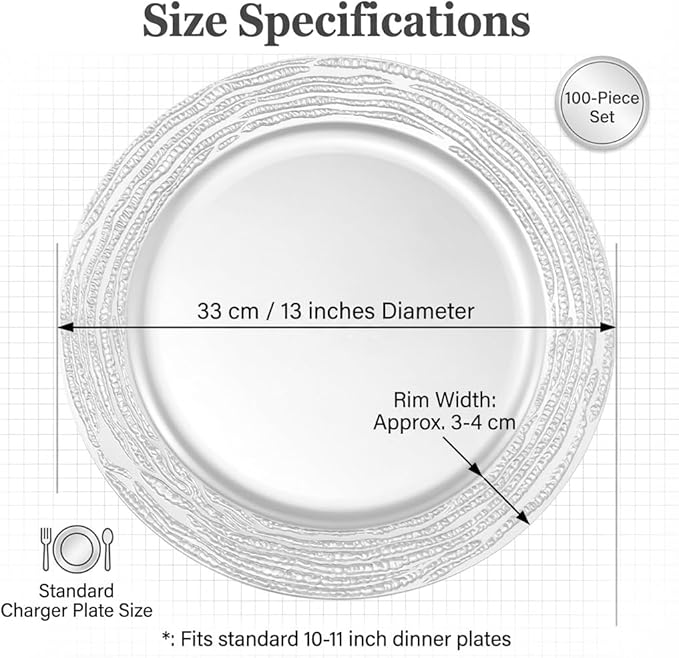 100 Pack Chargers for Finner Plates, 13 Inch Plastic Round Bright Charger Plates Bulk, Wedding Decoration for Table Setting Wedding Party Event Tabletop (Silver)