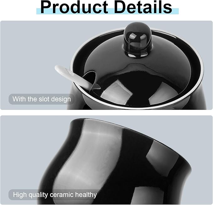 12 OZ Ceramic Sugar and Creamer Set, Coffee Serving Set, 5 Piece Cream Pitcher Sugar Bowl with Lid and Spoon (Black)