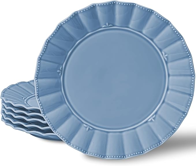 HOMBENE Dinner Plates 10.5 Inches Set for 6, Ceramic Plates, Salad Serving Plates, Wavy Style, Microwave & Dishwasher Safe Plates for Cake Waffles Snacks (Celestial Blue)