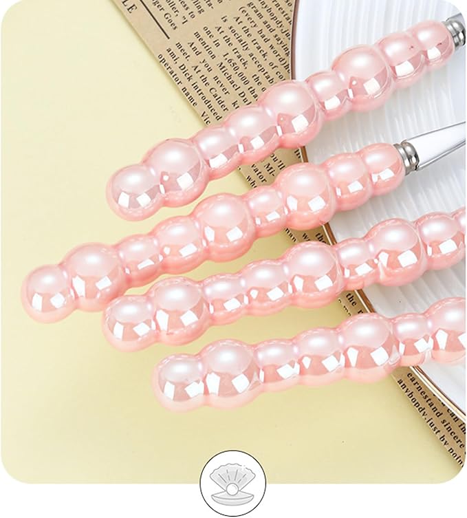 Stainless Steel Spoons, Stainless Steel Ceramic Handle Spoon, Korean Dessert Spoon with Imitation Pearl Handle, 8.4 Inches, 4 Pieces,Pink.