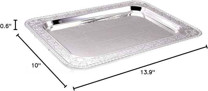 (Pack of 3) 15.7 inch x 11 inch Oblong Chrome Plated Serving Tray in Different Pattern Stylish Design Floral Engraved Iron Gold Edge Decor Wedding Dessert Buffet Platter Plate NC-017