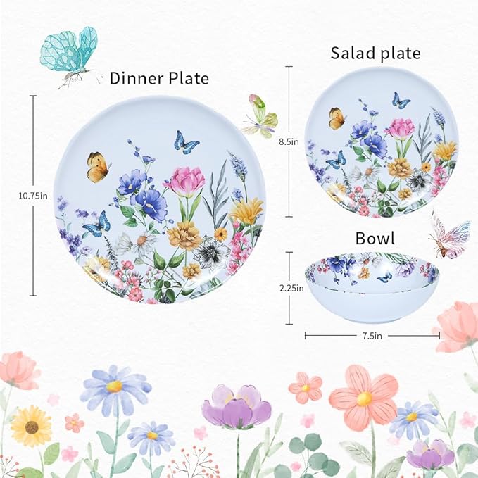 12 Piece Melamine Dinnerware Sets - Plates And Bowls Sets Floral Dinnerware Sets- Spring Camping Dishs Indoor Outdoor Use,Flowers And Butterflies Pattern