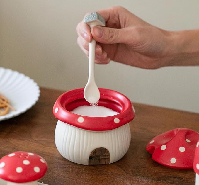 Ceramic Sugar Bowl with Lid & Spoon, Cute mushroom house design. Porcelain Seasoning Storage Jar, 14 Ounces. (Red)