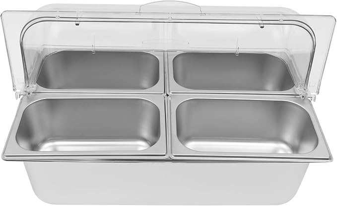 4 Pans Ice Food Serving Display Container w/Clear Roll Top Cover, Stainless Steel Serving Tray Catering Supplies Buffet Display Condiment Dispenser Plate Case for Restaurant Hotel Kitchen