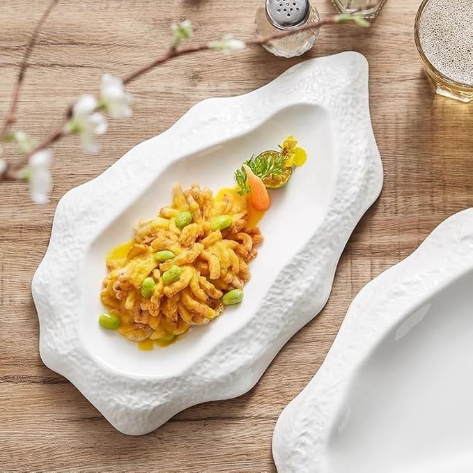 Kitchen Plates 12-inch White Ceramic Kitchen Appetizer Plate Creative Special-shaped Oyster Shape Tableware Home Pasta Commercial Dessert Restaurant Plates(14 in)