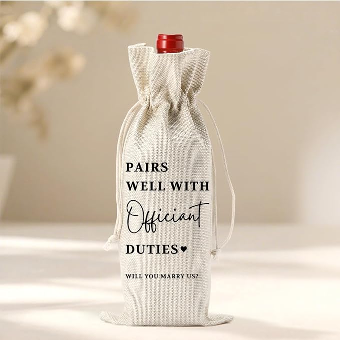 Wedding Officiant Gift, Engagement Wine Bag, Bridal Shower Gift, Thank You Gifts for Officiant, Burlap Bottle Bags With Drawstring for Wedding Reception Event Party Dinner Bachelorette Party