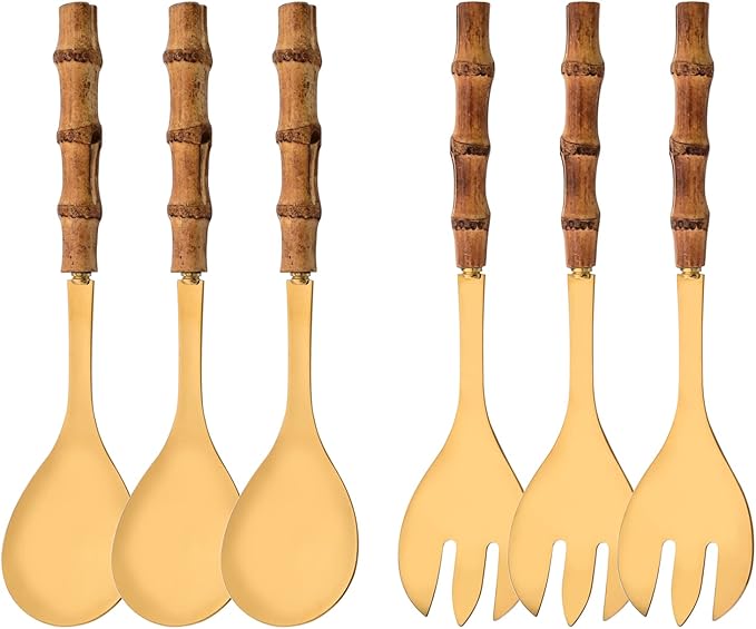 Salad Servers - 10.0 inch Serving Spoons and Forks Set of 6 - Include 3 Large Spoon and 3 Large Fork - Gold Stainless Steel Serving Utensils with Bamboo Handle