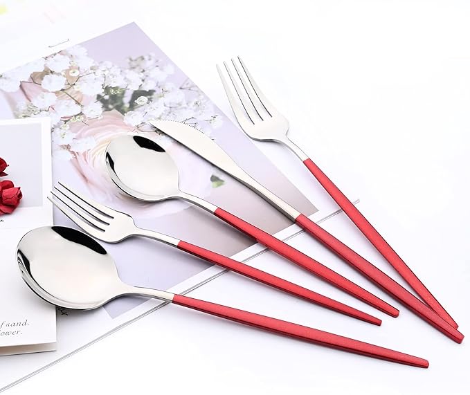 30-Piece Snplowum Mirror Flatware Serving Set, 18/0 Stainless Steel Dinnerware With Red Handle, Modern Durable Home Kitchen Eating Tableware Set Service For 6 (Red Silver)