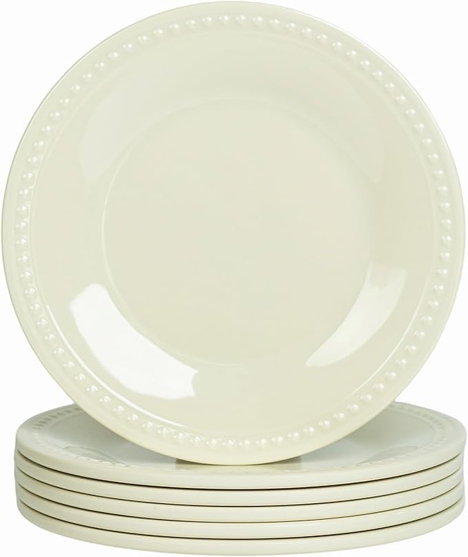 Melamine Beaded Dinner Plate Set of 6, BPA Free, Chip & Break Resistant, Lightweight, Great for Dining, Weddings & Everyday Meals, Cream, 11in