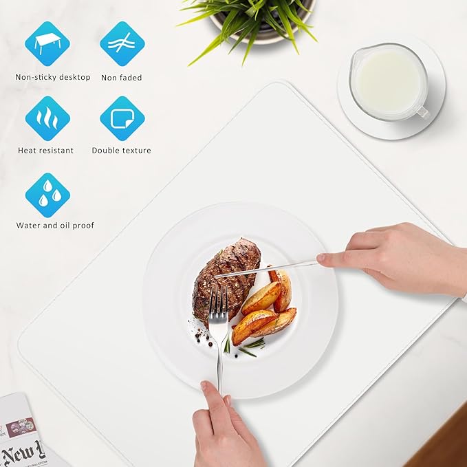 Vinyl Placemats Set of 6, Faux Leather Heat Resistant Kitchen Place Mats, Waterproof Wipeable Dining Table Mats and Coasters for Indoor, Outdoor (White)
