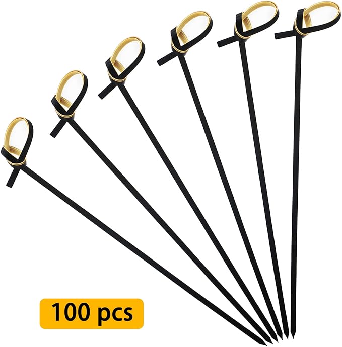 BLUE TOP Bamboo Cocktail Picks 100 PCS Black Bamboo Skewers 6 Inch with Looped Knot, Food Picks,Party Toothpicks for Appetizers,Cocktail Drinks,Barbecue Snacks,Club Sandwiches.