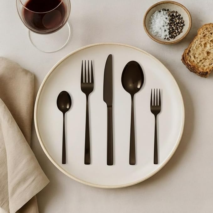 Oxford Silverware Set, 30 Piece Black Flatware Matte Stainless Steel, Service for 6, for Kitchen, Home, Wedding, Party, Mirror Polished Dishwasher Safe