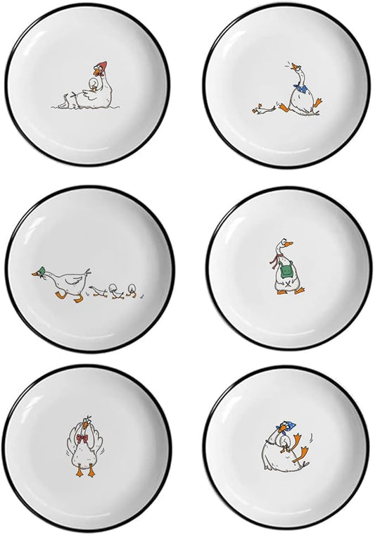Cute Cartoon Animals Pattern Ceramic Sauce Dishes, Seasoning Dishes, Sushi Soy Dipping Bowls, Appetizer Plates, Dessert Plates, Little Cat Bird Feeding Bowls, Set of 6-Goose-5 Inch