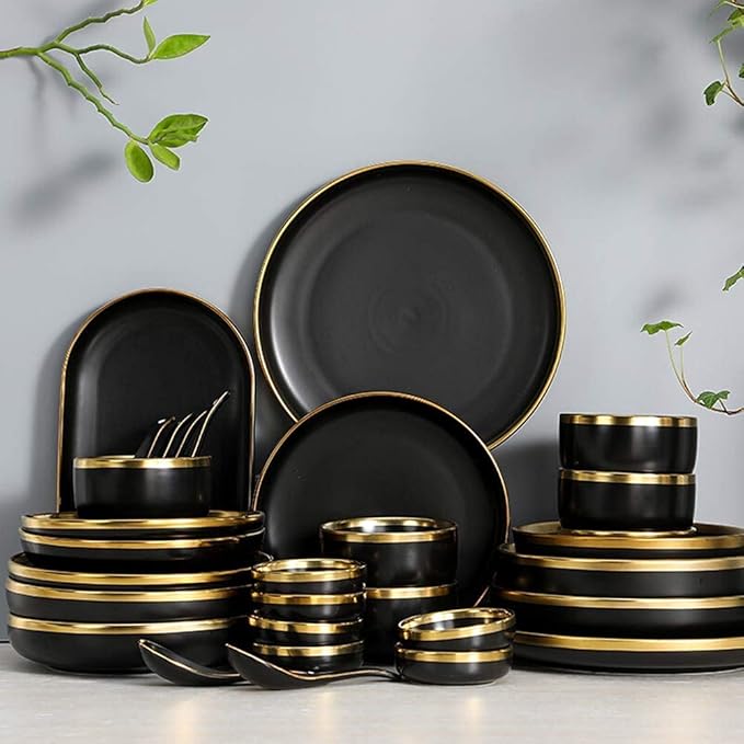 Nordic Style Tableware Set, Ceramic Plate And Bowl Set, Family Restaurant Tableware, 2/4/6 Person Tableware Set, Handmade Ceramic Utensils (Matte Black 18 pcs)